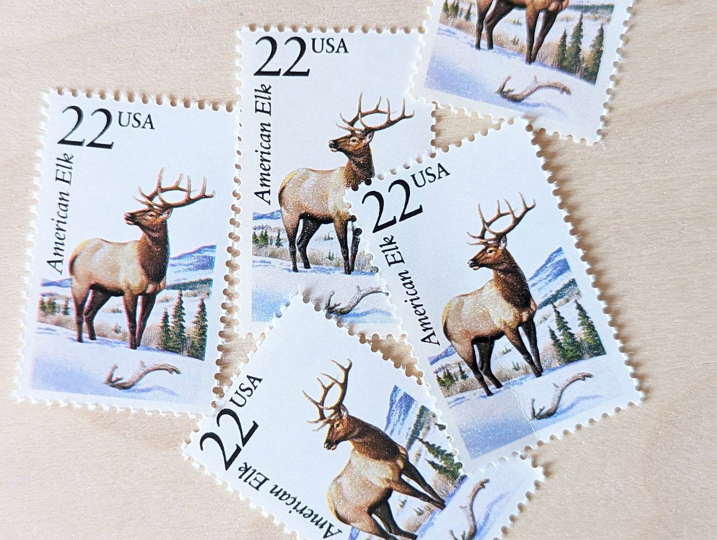 American Elk, Set of 5, Vintage Unused USPS 22 Cent Postage Stamps, North American Wildlife Series 1987, Gummed