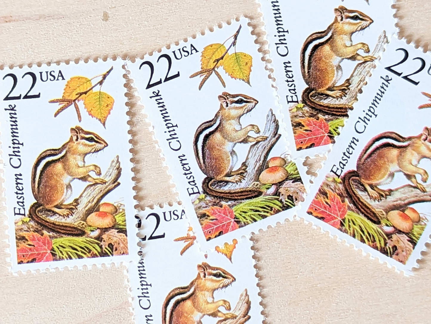 Eastern Chipmunk, Set of 5, Vintage Unused USPS 22 Cent Postage Stamps, North American Wildlife Series 1987, Gummed