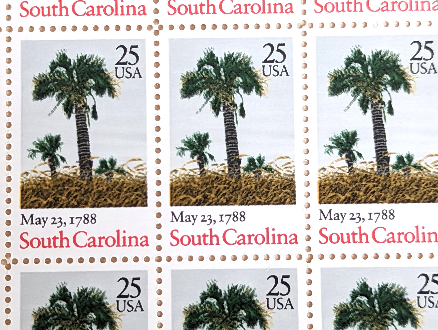 South Carolina, Vintage Unused USPS 25 Cent Postage Stamps, State Stamps (South Carolina), 1988, Gummed