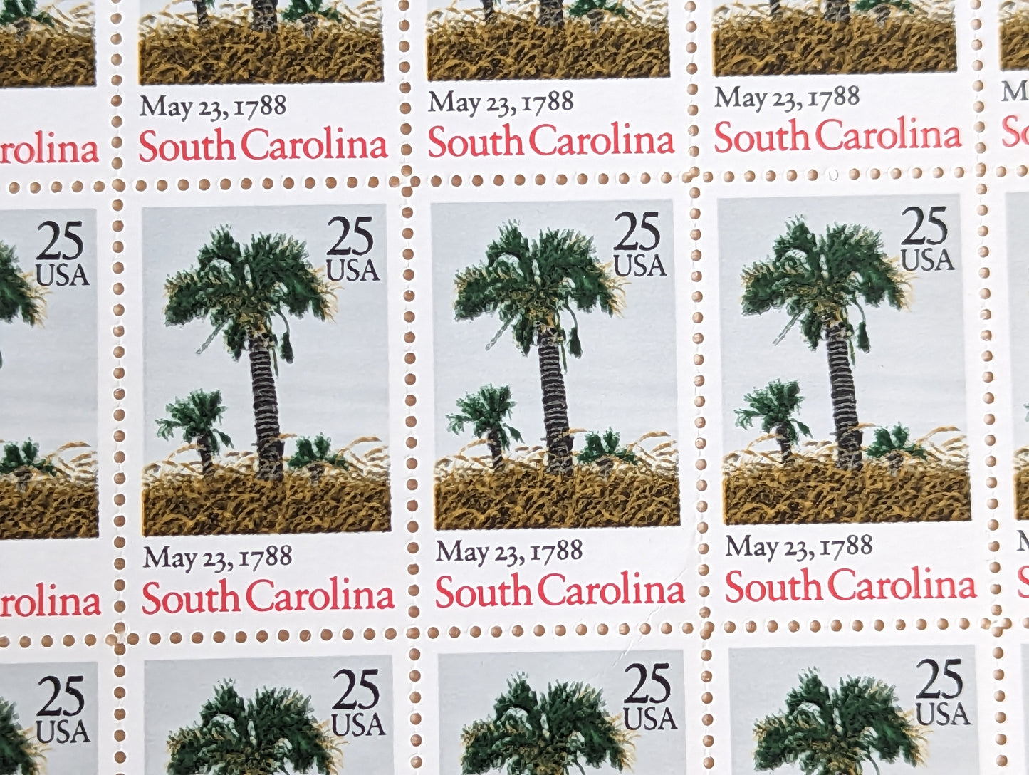 South Carolina, Vintage Unused USPS 25 Cent Postage Stamps, State Stamps (South Carolina), 1988, Gummed