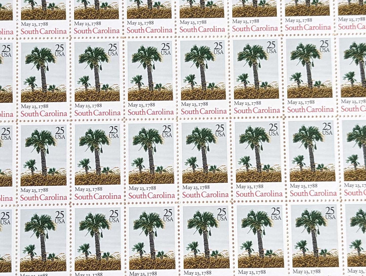 South Carolina, Vintage Unused USPS 25 Cent Postage Stamps, State Stamps (South Carolina), 1988, Gummed
