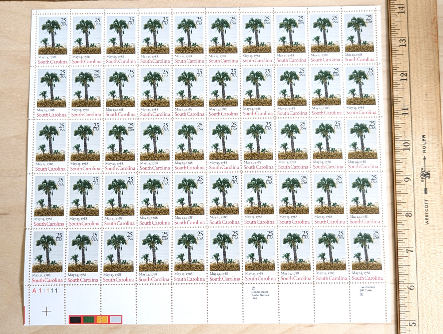 South Carolina, Vintage Unused USPS 25 Cent Postage Stamps, State Stamps (South Carolina), 1988, Gummed