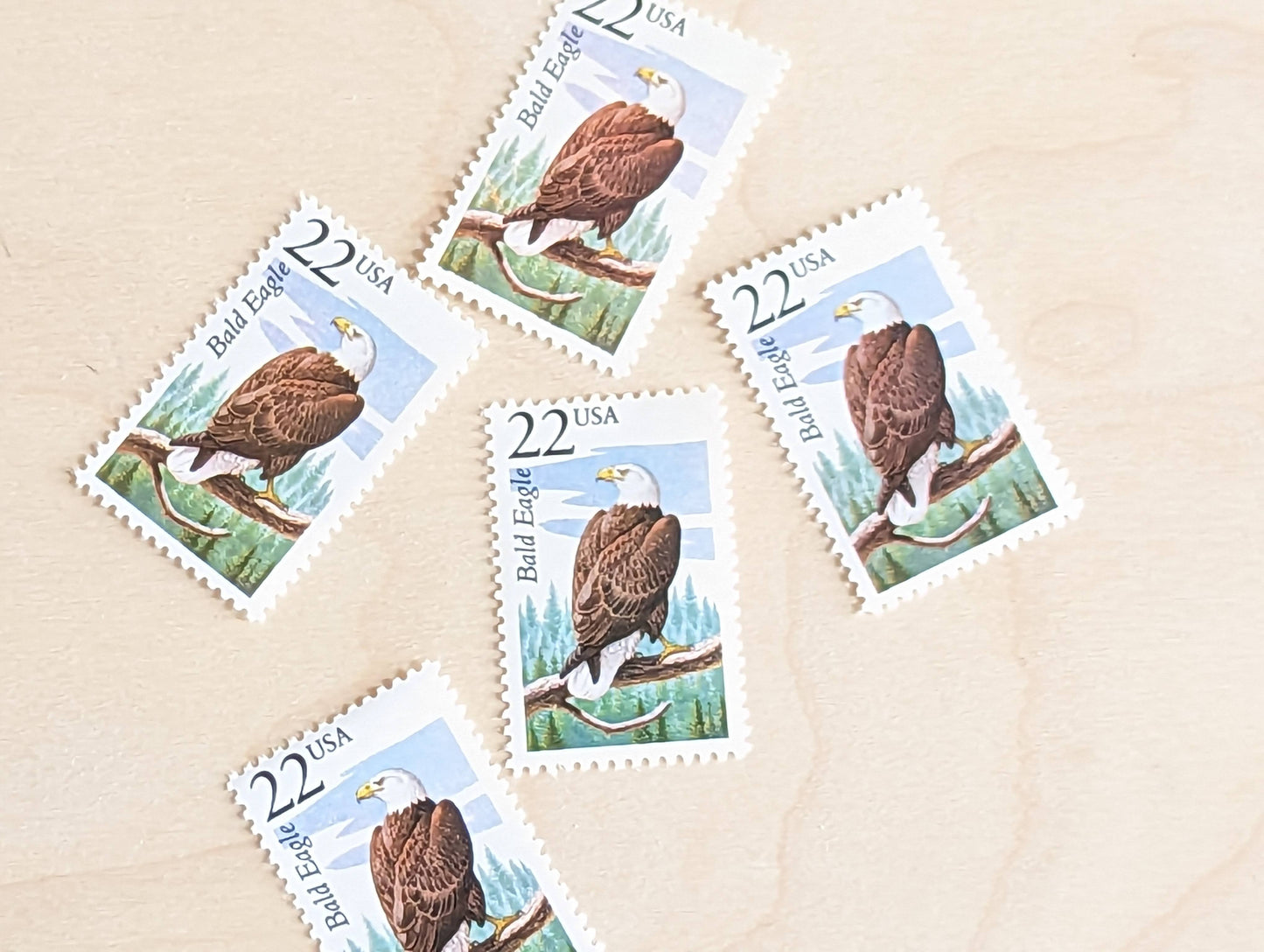 Bald Eagle, Set of 5, Vintage Unused USPS 22 Cent Postage Stamps, North American Wildlife Series 1987, Gummed