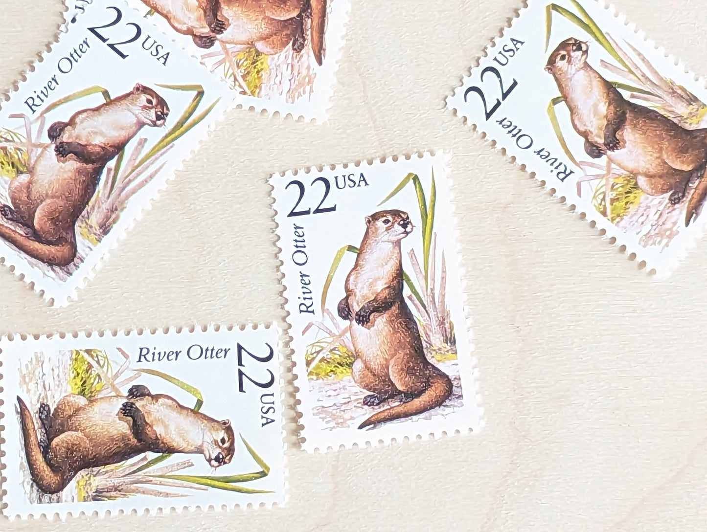 River Otter, Set of 5, Vintage Unused USPS 22 Cent Postage Stamps, North American Wildlife Series 1987, Gummed