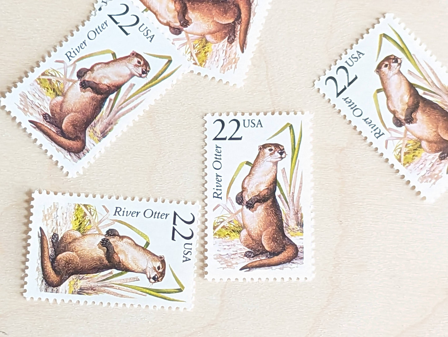 River Otter, Set of 5, Vintage Unused USPS 22 Cent Postage Stamps, North American Wildlife Series 1987, Gummed