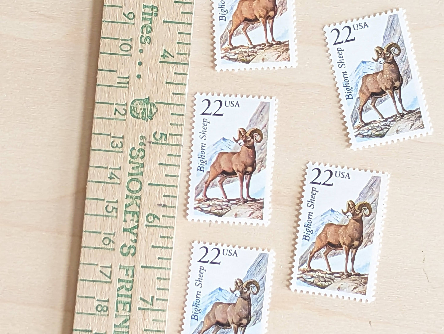 Bighorn Sheep, Set of 5, Vintage Unused USPS 22 Cent Postage Stamps, North American Wildlife Series 1987, Gummed