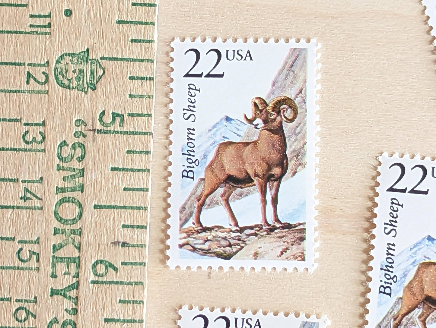 Bighorn Sheep, Set of 5, Vintage Unused USPS 22 Cent Postage Stamps, North American Wildlife Series 1987, Gummed