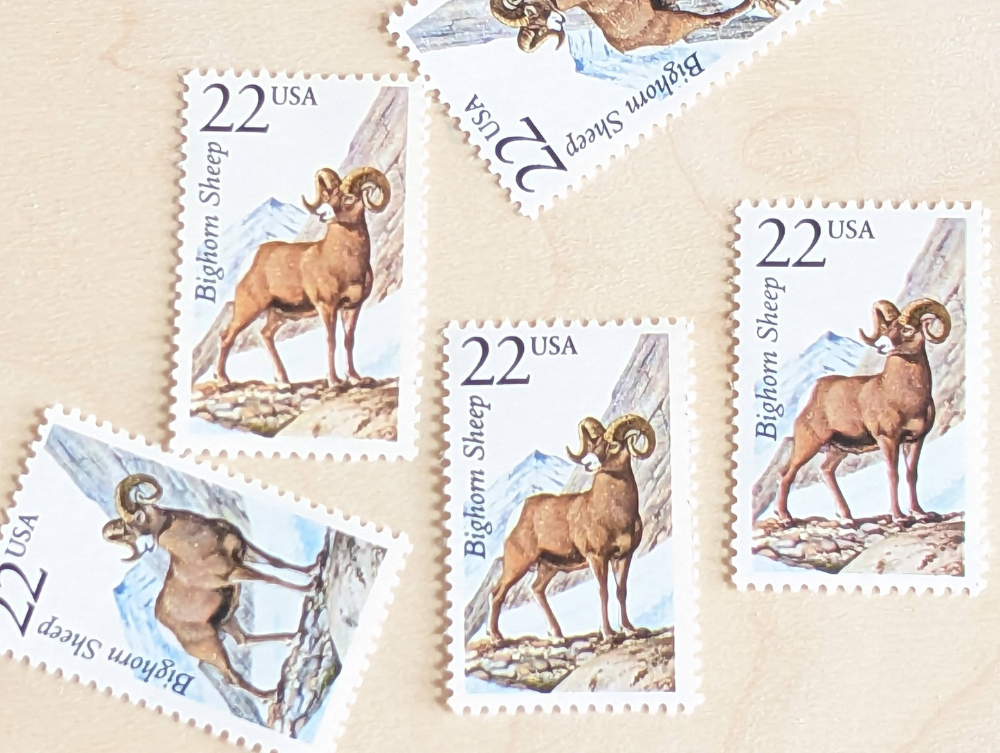 Bighorn Sheep, Set of 5, Vintage Unused USPS 22 Cent Postage Stamps, North American Wildlife Series 1987, Gummed