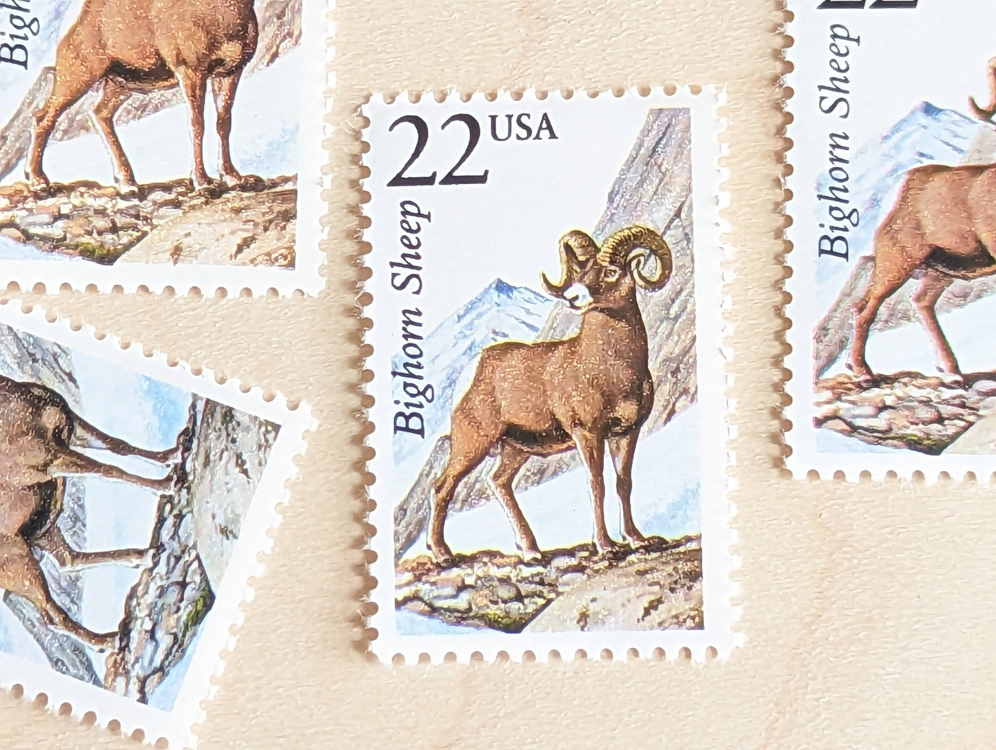 Bighorn Sheep, Set of 5, Vintage Unused USPS 22 Cent Postage Stamps, North American Wildlife Series 1987, Gummed