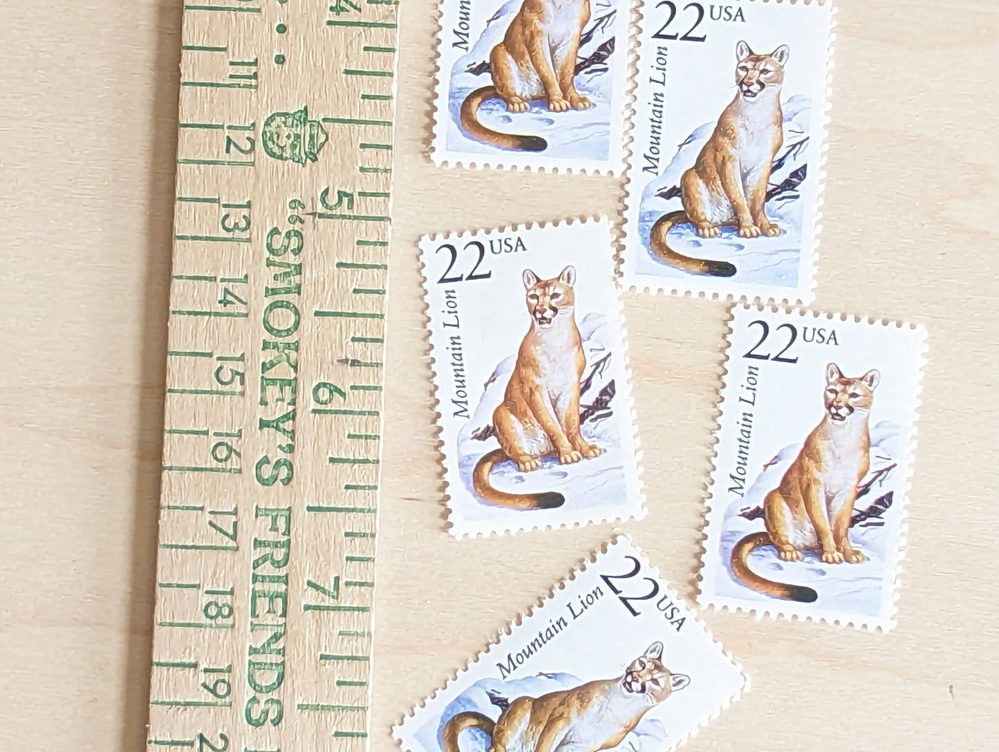 Mountain Lion, Set of 5, Vintage Unused USPS 22 Cent Postage Stamps, North American Wildlife Series 1987, Gummed