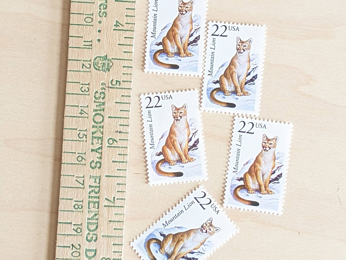 Mountain Lion, Set of 5, Vintage Unused USPS 22 Cent Postage Stamps, North American Wildlife Series 1987, Gummed