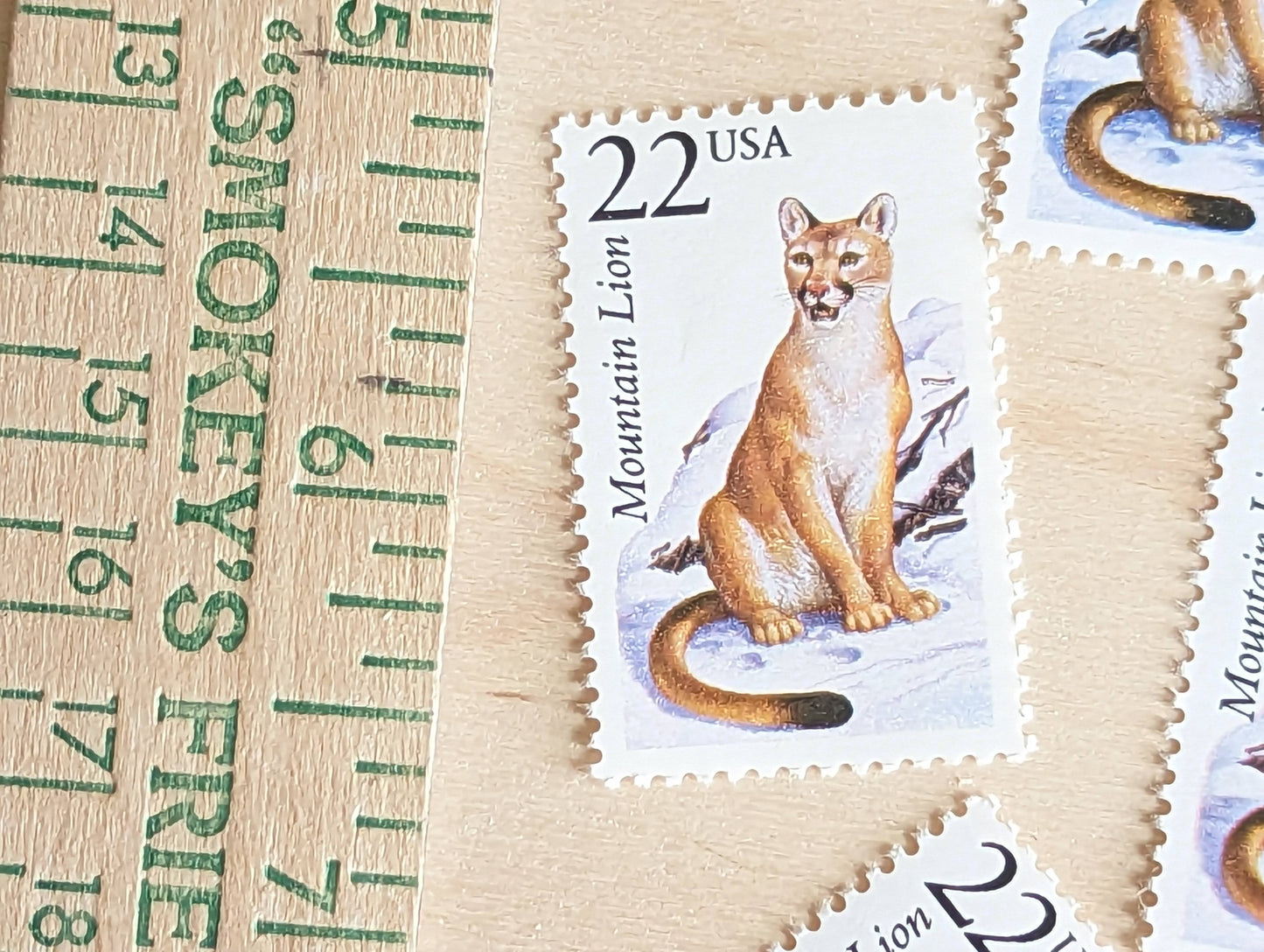 Mountain Lion, Set of 5, Vintage Unused USPS 22 Cent Postage Stamps, North American Wildlife Series 1987, Gummed
