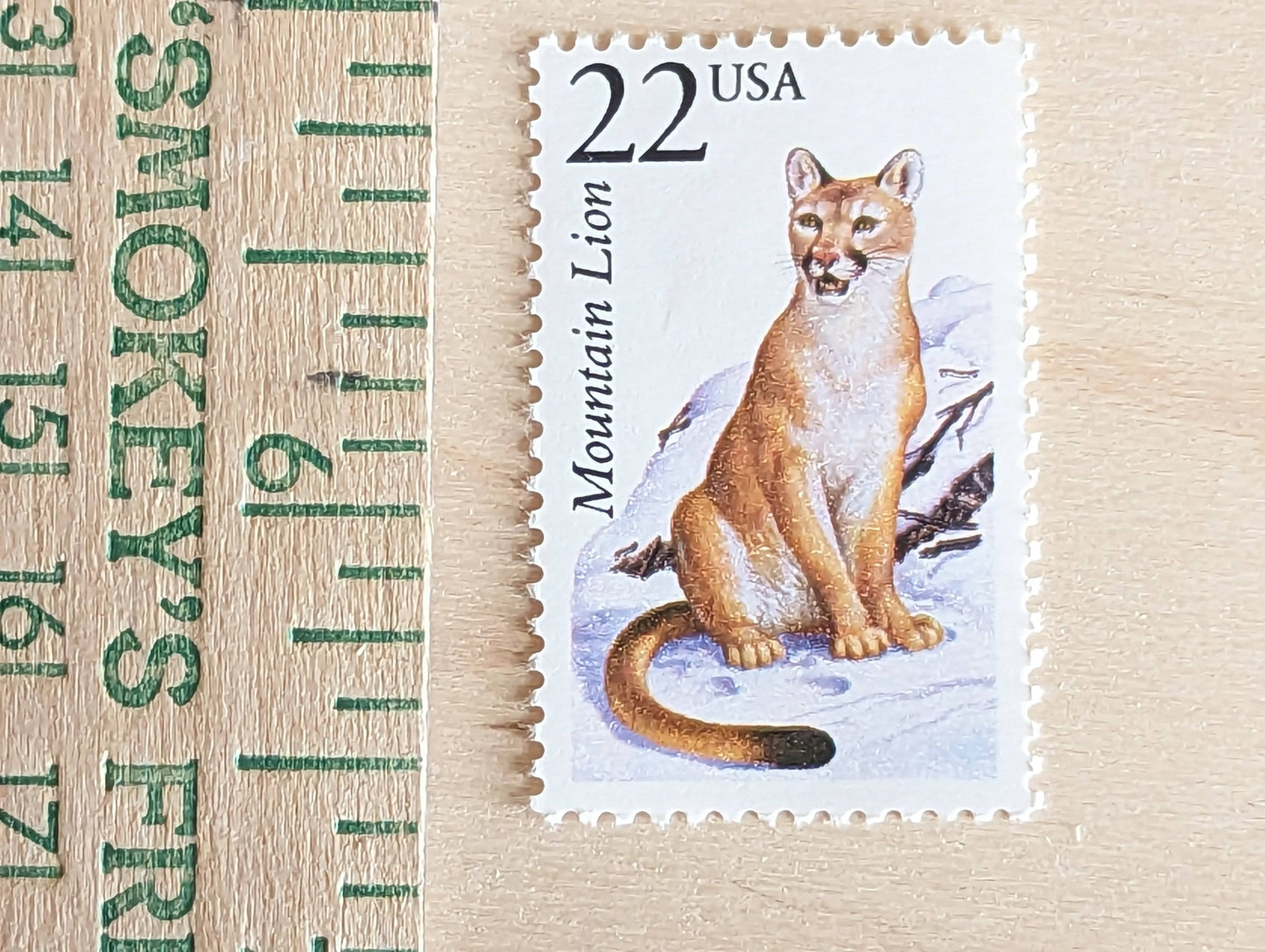 Mountain Lion, Set of 5, Vintage Unused USPS 22 Cent Postage Stamps, North American Wildlife Series 1987, Gummed