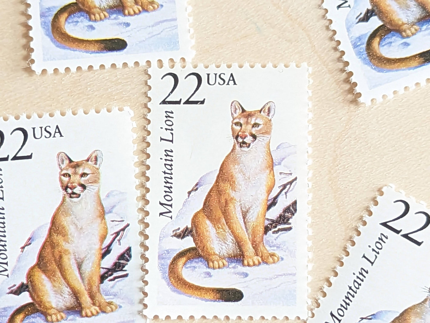 Mountain Lion, Set of 5, Vintage Unused USPS 22 Cent Postage Stamps, North American Wildlife Series 1987, Gummed