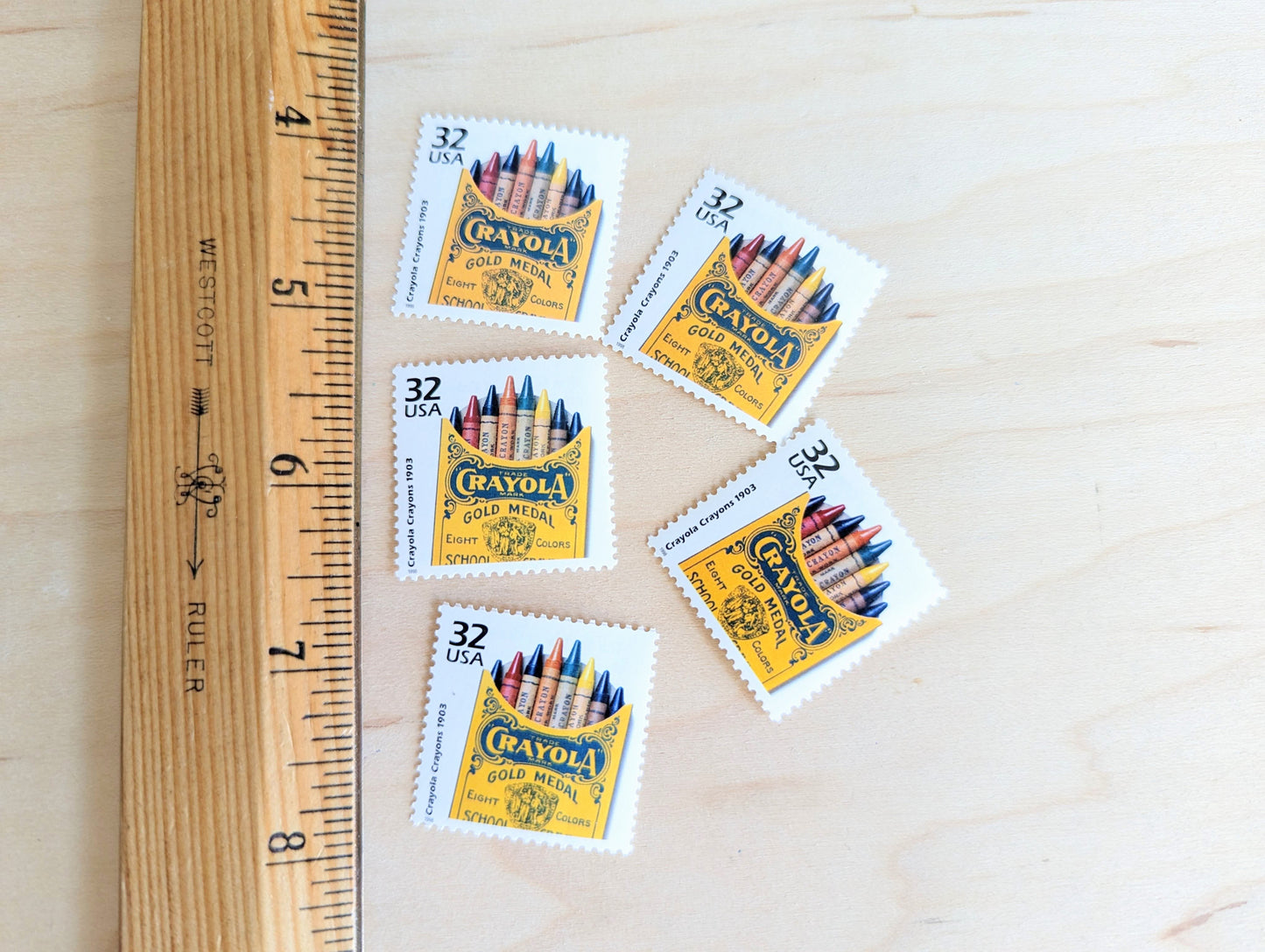 Crayola Crayons, Set of 5, Vintage Unused USPS 32 Cent Postage Stamps, 1900s Celebrate the Century Series 1998, Gummed
