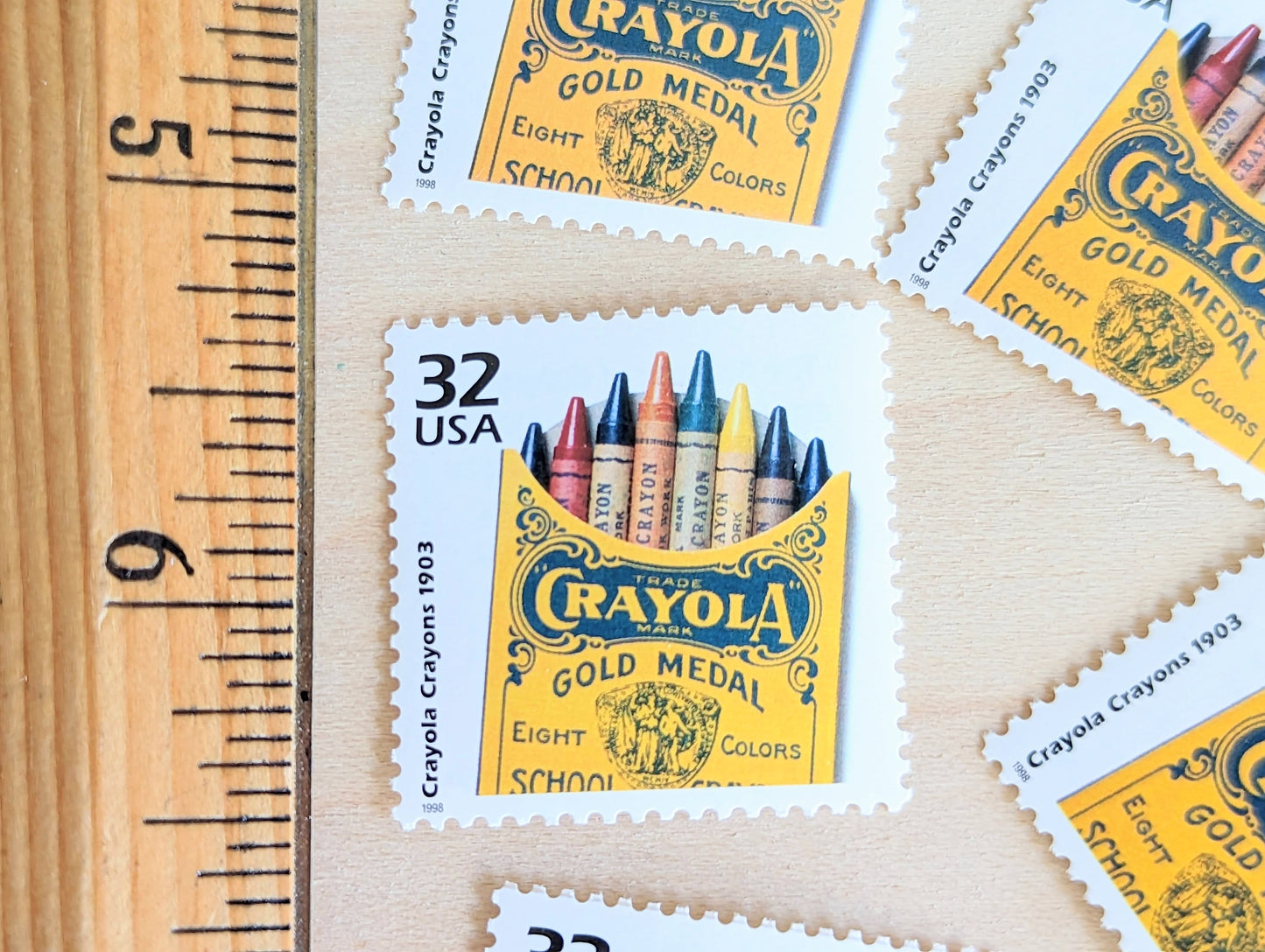 Crayola Crayons, Set of 5, Vintage Unused USPS 32 Cent Postage Stamps, 1900s Celebrate the Century Series 1998, Gummed