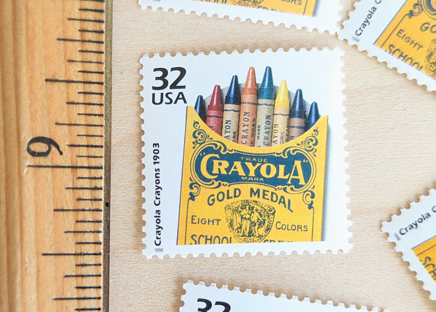 Crayola Crayons, Set of 5, Vintage Unused USPS 32 Cent Postage Stamps, 1900s Celebrate the Century Series 1998, Gummed
