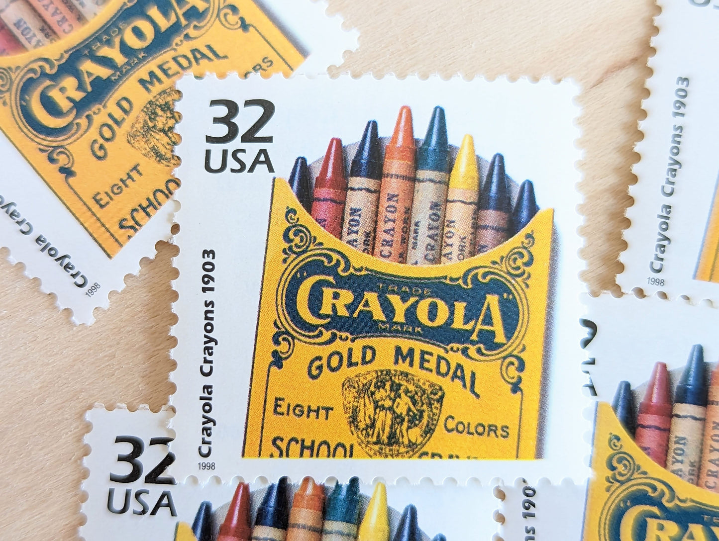 Crayola Crayons, Set of 5, Vintage Unused USPS 32 Cent Postage Stamps, 1900s Celebrate the Century Series 1998, Gummed