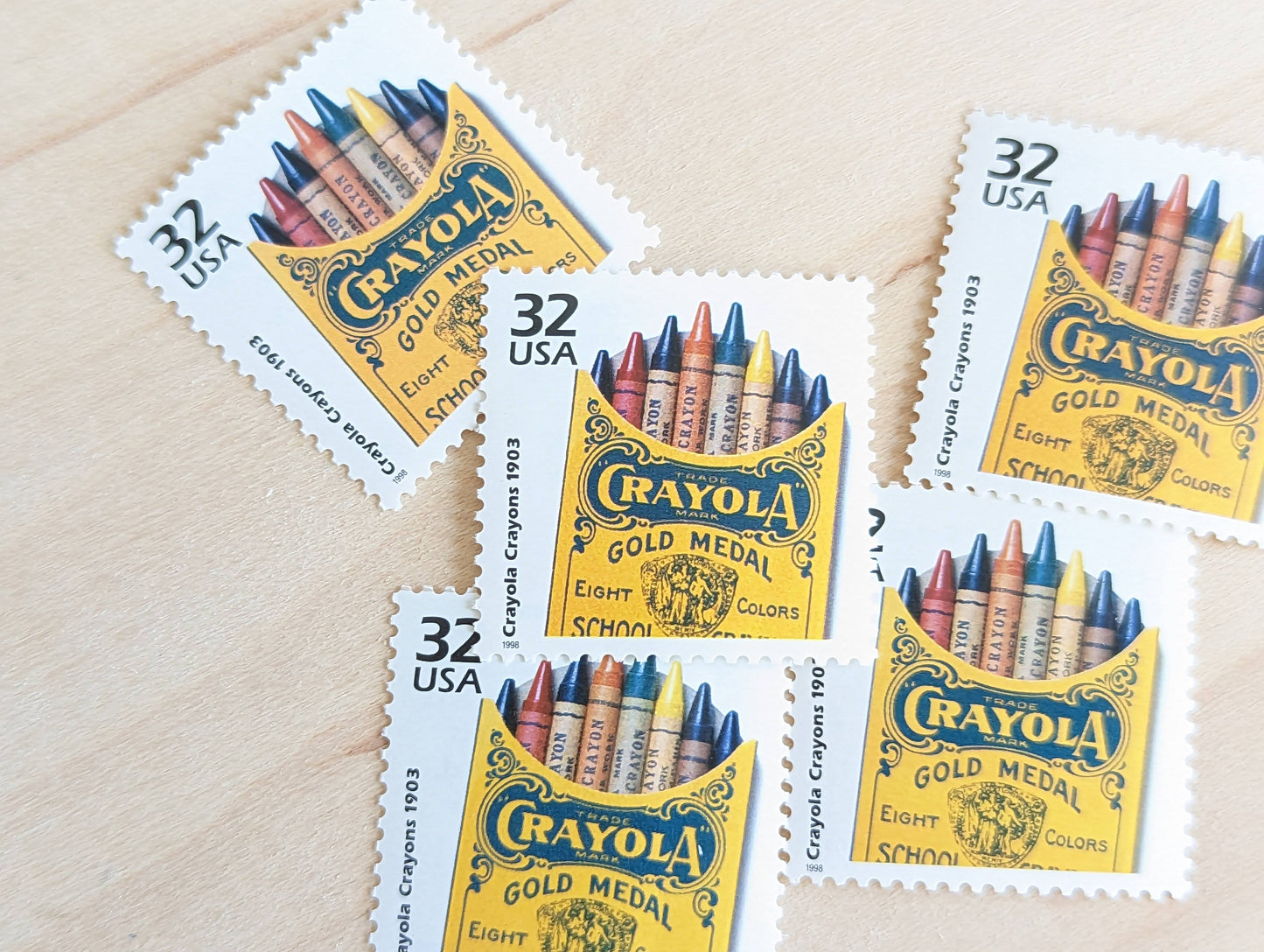 Crayola Crayons, Set of 5, Vintage Unused USPS 32 Cent Postage Stamps, 1900s Celebrate the Century Series 1998, Gummed
