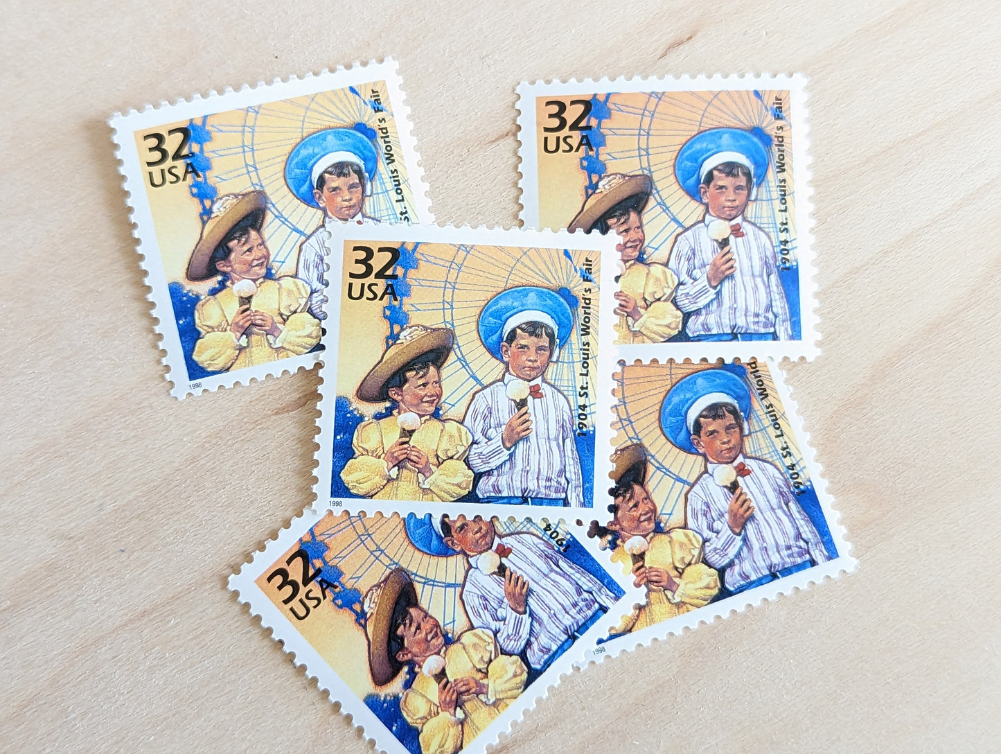 St. Louis World's Fair, Set of 5, Vintage Unused USPS 32 Cent Postage Stamps, 1900s Celebrate the Century Series 1998, Gummed