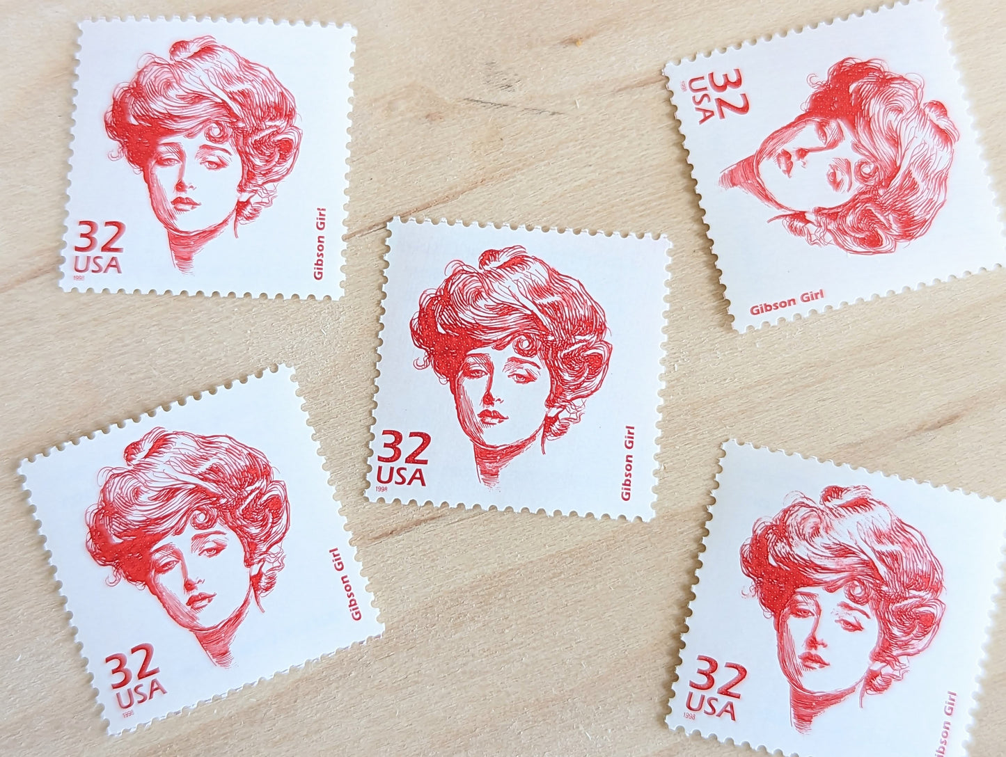 Gibson Girl, Set of 5, Vintage Unused USPS 32 Cent Postage Stamps, 1900s Celebrate the Century Series 1998, Gummed