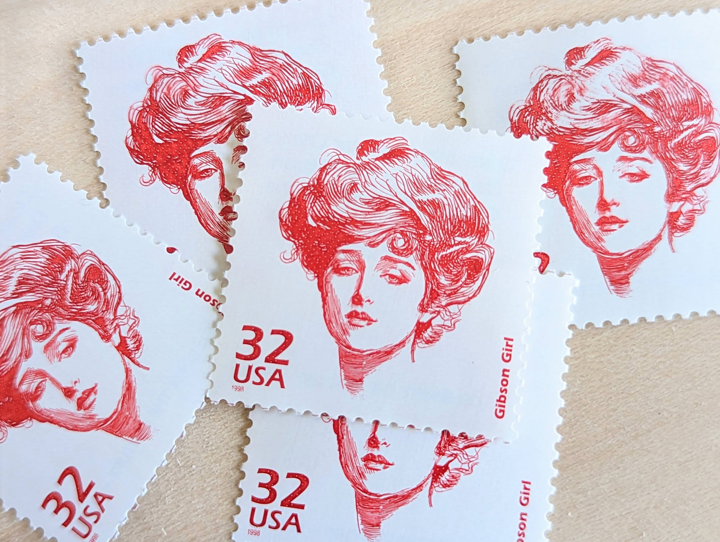 Gibson Girl, Set of 5, Vintage Unused USPS 32 Cent Postage Stamps, 1900s Celebrate the Century Series 1998, Gummed