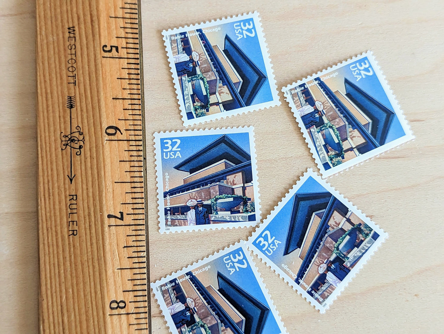 Robie House by Frank Lloyd Wright Chicago, Set of 5, Vintage Unused USPS 32 Cent Postage Stamps, 1900s Celebrate the Century Series 1998, Gummed