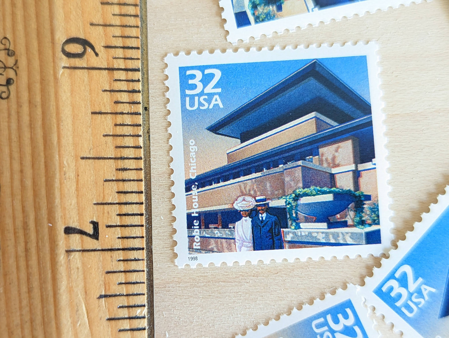 Robie House by Frank Lloyd Wright Chicago, Set of 5, Vintage Unused USPS 32 Cent Postage Stamps, 1900s Celebrate the Century Series 1998, Gummed