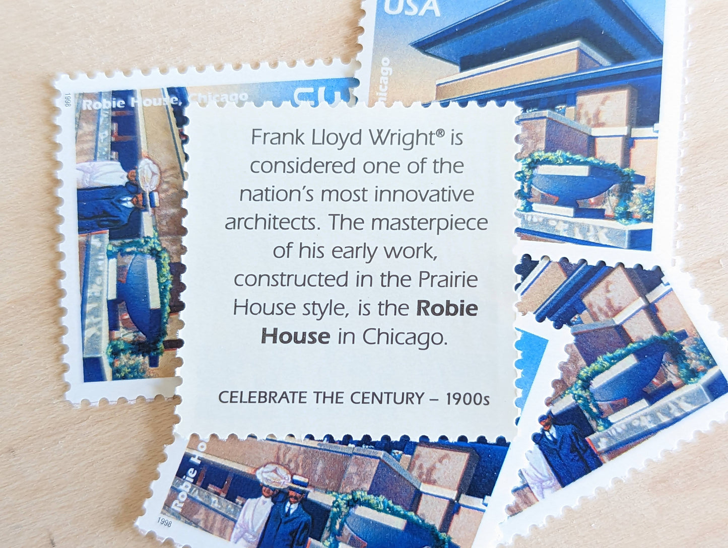 Robie House by Frank Lloyd Wright Chicago, Set of 5, Vintage Unused USPS 32 Cent Postage Stamps, 1900s Celebrate the Century Series 1998, Gummed