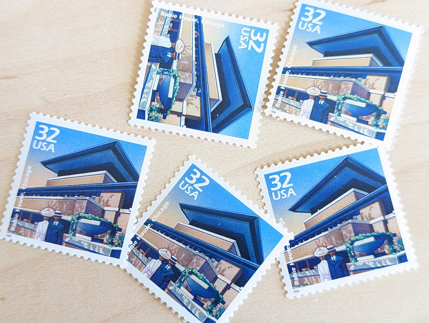 Robie House by Frank Lloyd Wright Chicago, Set of 5, Vintage Unused USPS 32 Cent Postage Stamps, 1900s Celebrate the Century Series 1998, Gummed