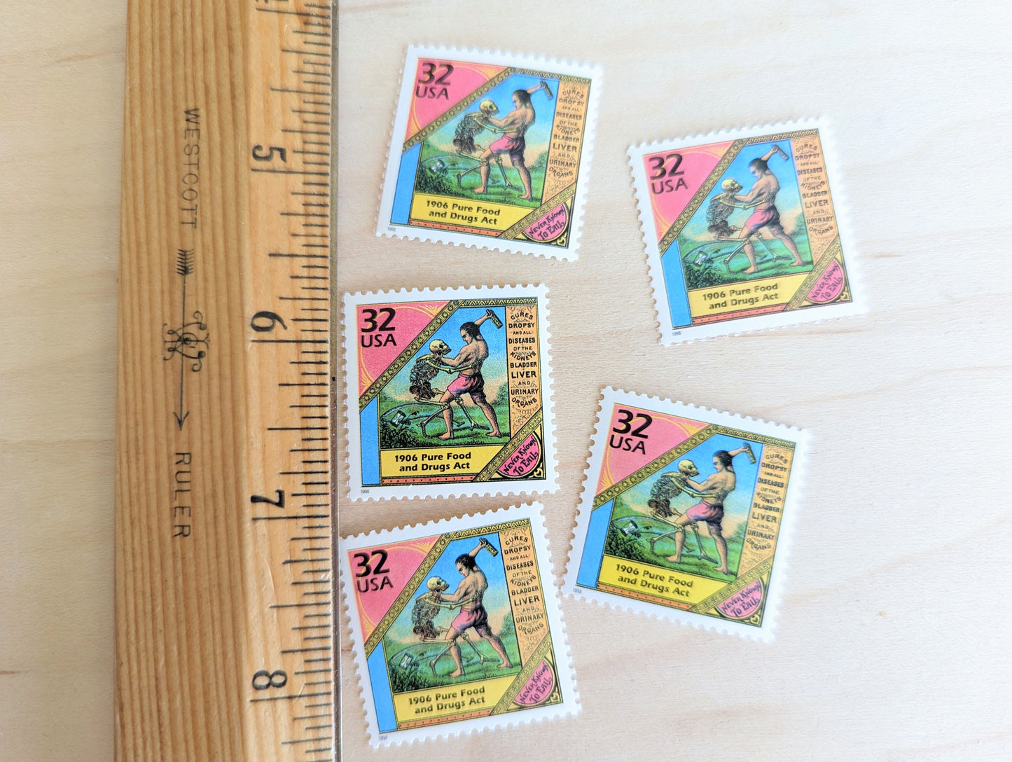 Pure Food and Drugs Act, Set of 5, Vintage Unused USPS 32 Cent Postage Stamps, 1900s Celebrate the Century Series 1998, Gummed