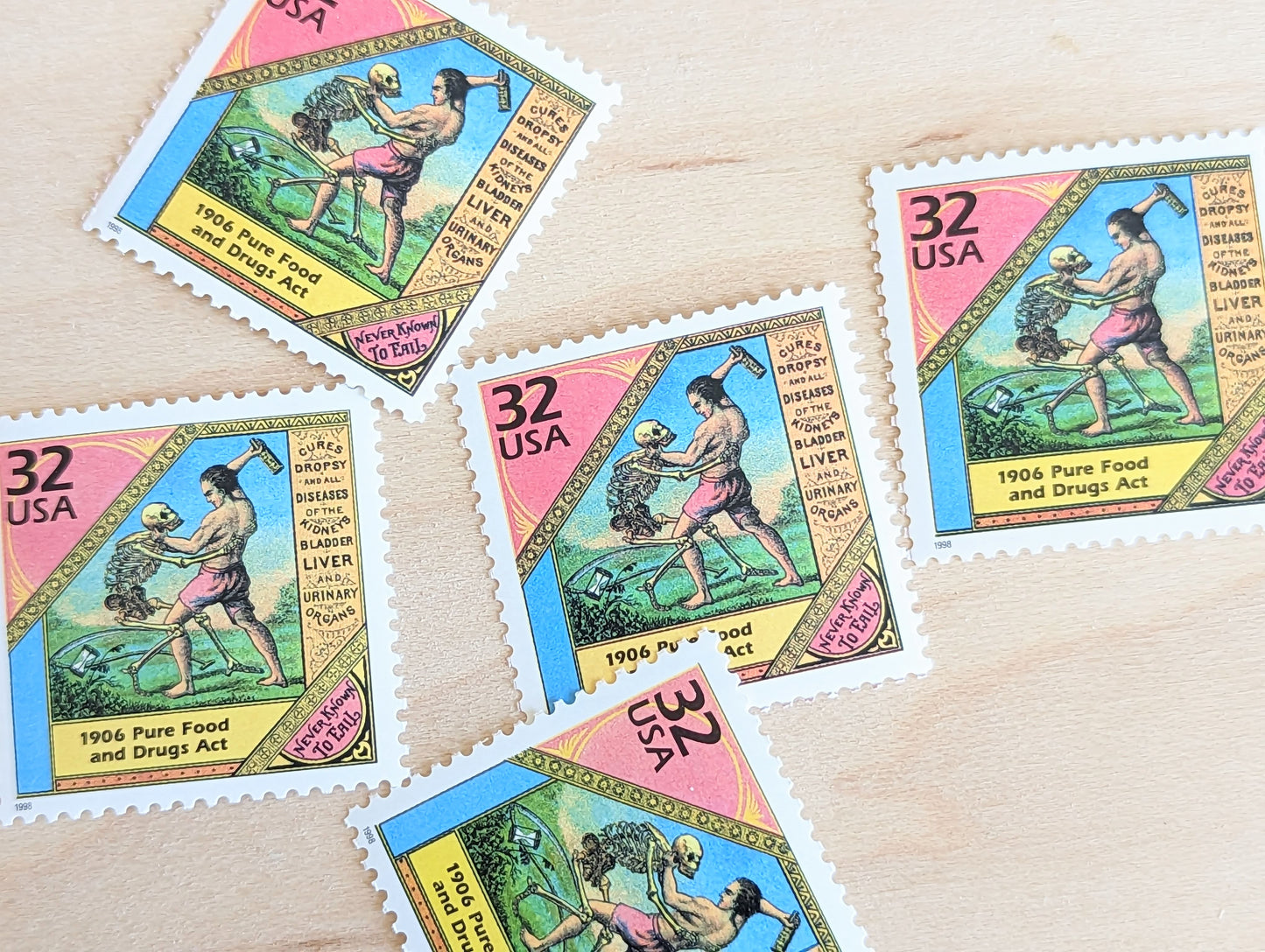 Pure Food and Drugs Act, Set of 5, Vintage Unused USPS 32 Cent Postage Stamps, 1900s Celebrate the Century Series 1998, Gummed