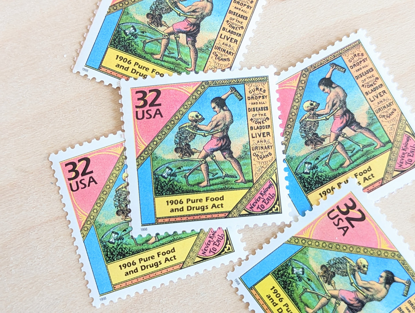 Pure Food and Drugs Act, Set of 5, Vintage Unused USPS 32 Cent Postage Stamps, 1900s Celebrate the Century Series 1998, Gummed