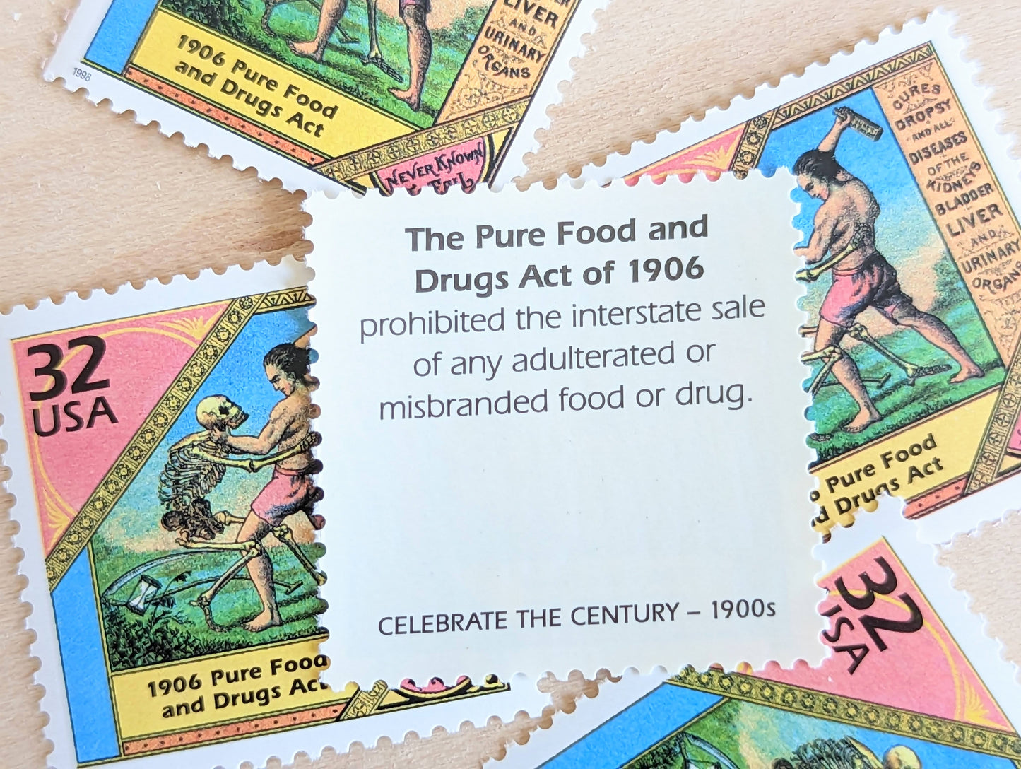 Pure Food and Drugs Act, Set of 5, Vintage Unused USPS 32 Cent Postage Stamps, 1900s Celebrate the Century Series 1998, Gummed