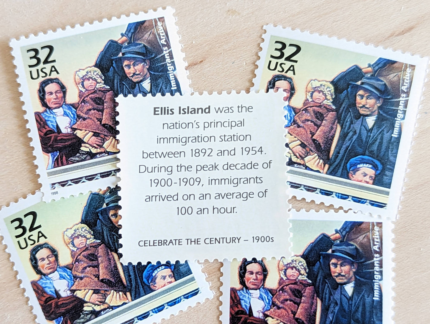 Ellis Island, Set of 5, Vintage Unused USPS 32 Cent Postage Stamps, 1900s Celebrate the Century Series 1998, Gummed