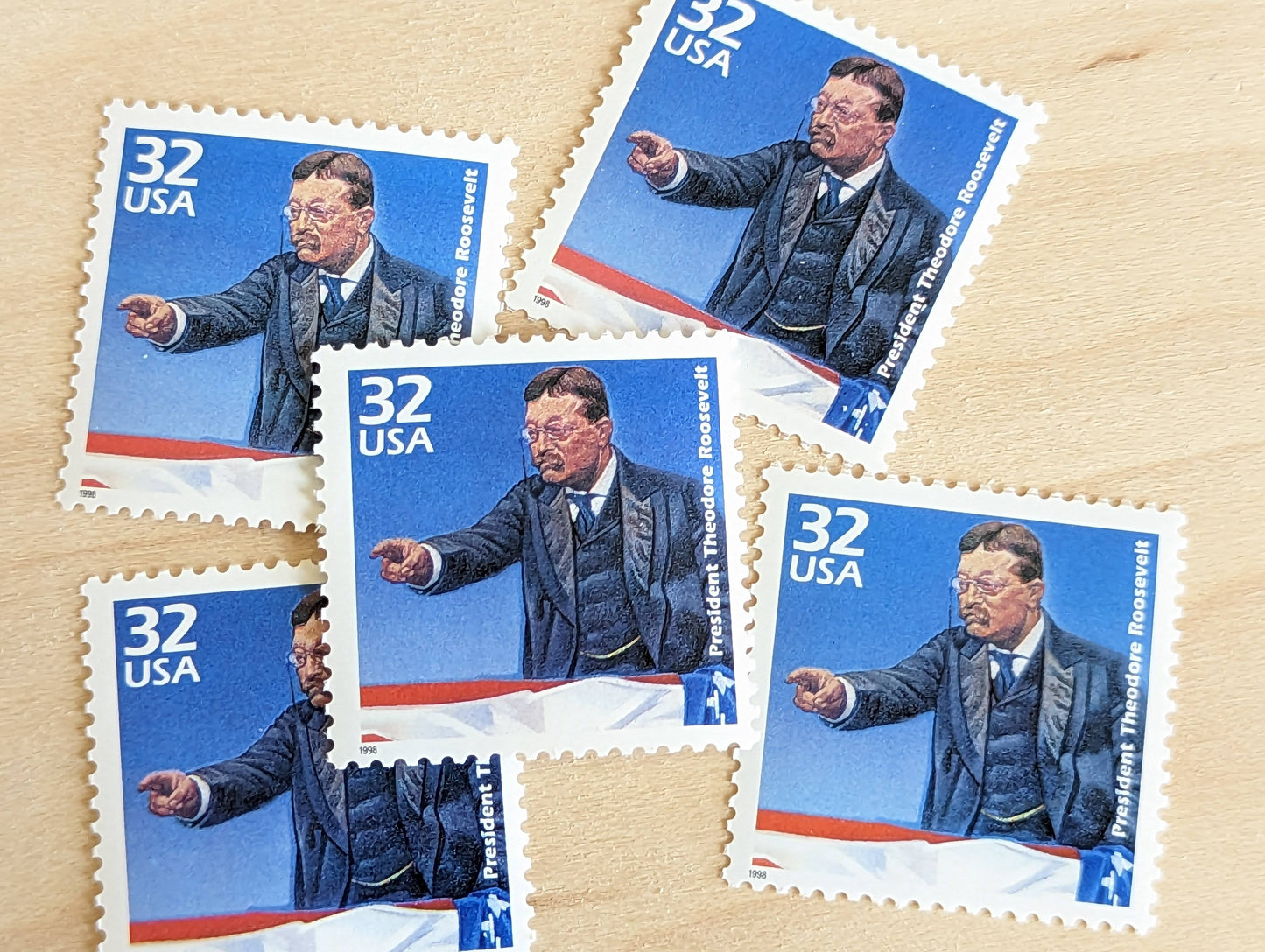 Theodore Roosevelt, Set of 5, Vintage Unused USPS 32 Cent Postage Stamps, 1900s Celebrate the Century Series 1998, Gummed