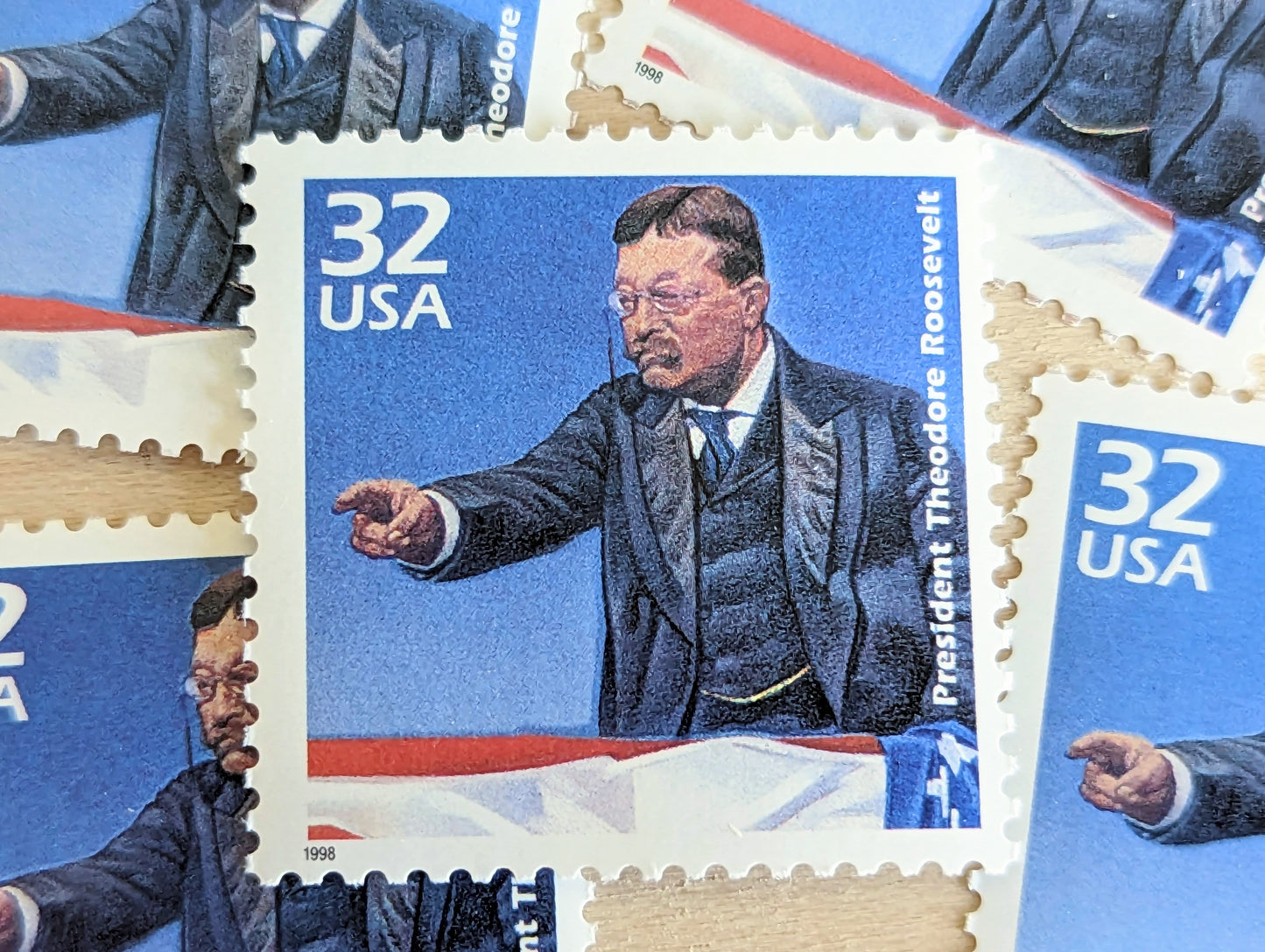 Theodore Roosevelt, Set of 5, Vintage Unused USPS 32 Cent Postage Stamps, 1900s Celebrate the Century Series 1998, Gummed