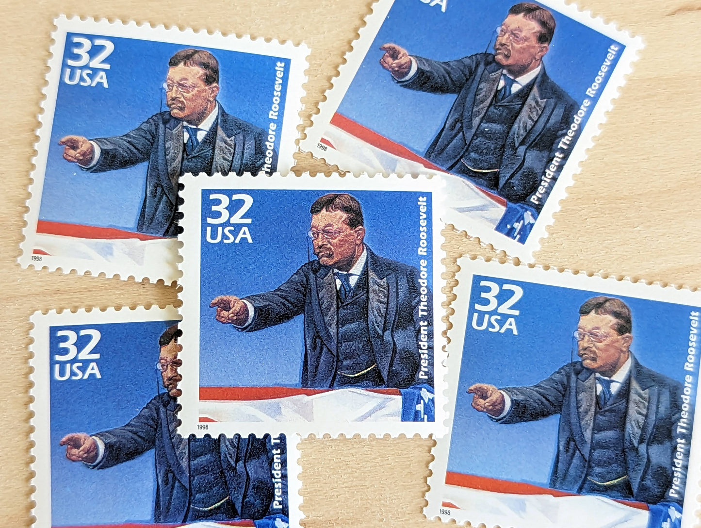 Theodore Roosevelt, Set of 5, Vintage Unused USPS 32 Cent Postage Stamps, 1900s Celebrate the Century Series 1998, Gummed