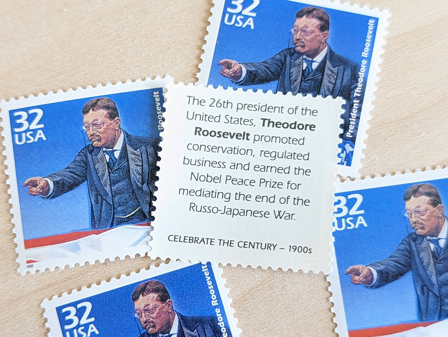 Theodore Roosevelt, Set of 5, Vintage Unused USPS 32 Cent Postage Stamps, 1900s Celebrate the Century Series 1998, Gummed