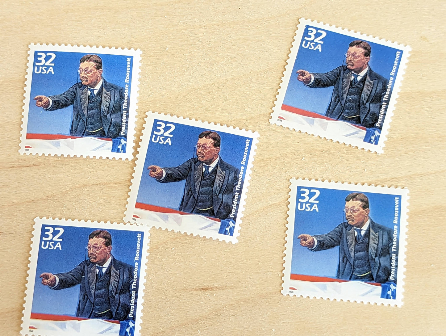 Theodore Roosevelt, Set of 5, Vintage Unused USPS 32 Cent Postage Stamps, 1900s Celebrate the Century Series 1998, Gummed