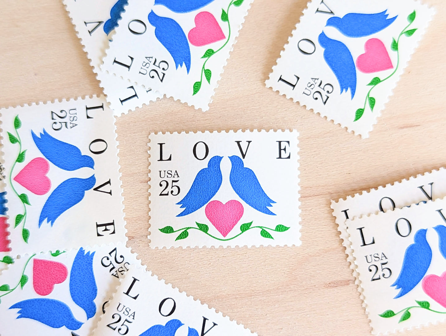Doves and Heart, Vintage Unused USPS 25 Cent Postage Stamps, Love Series Stamps, 1995, Gummed