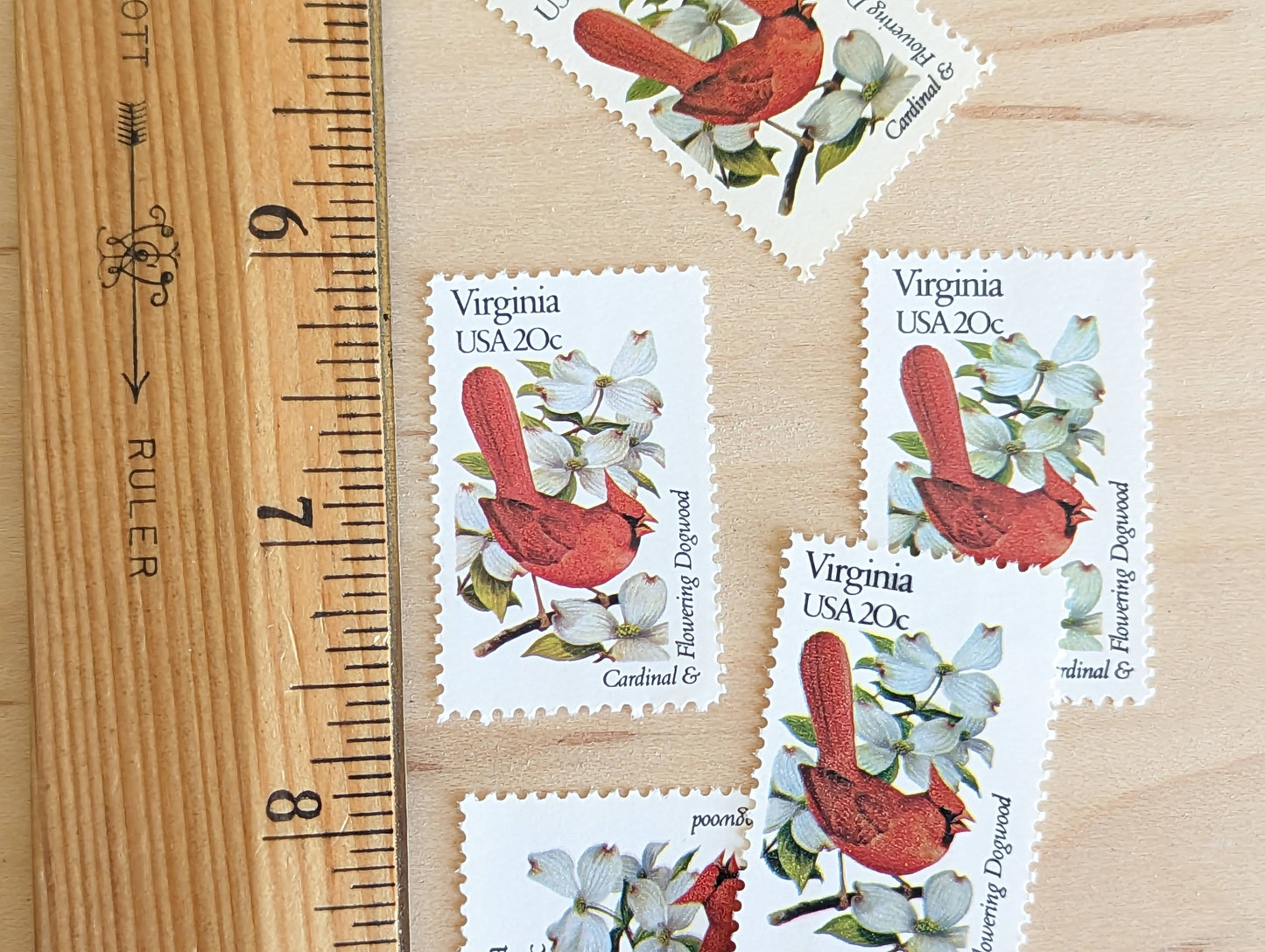 Virginia State Stamp, Set of 5, Vintage Unused USPS 20 Cent Postage Stamps, State Bird and Flower 1982, Gummed