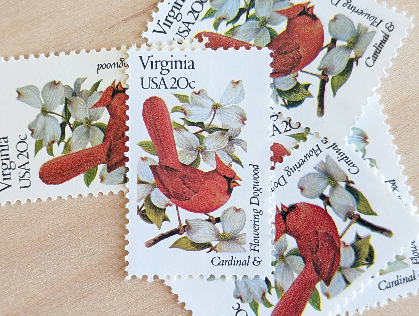 Virginia State Stamp, Set of 5, Vintage Unused USPS 20 Cent Postage Stamps, State Bird and Flower 1982, Gummed