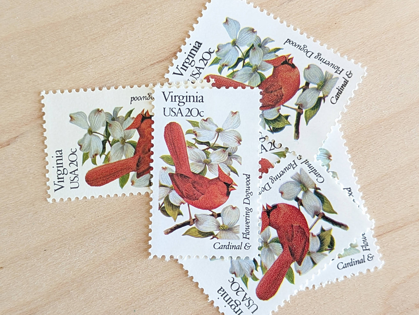 Virginia State Stamp, Set of 5, Vintage Unused USPS 20 Cent Postage Stamps, State Bird and Flower 1982, Gummed