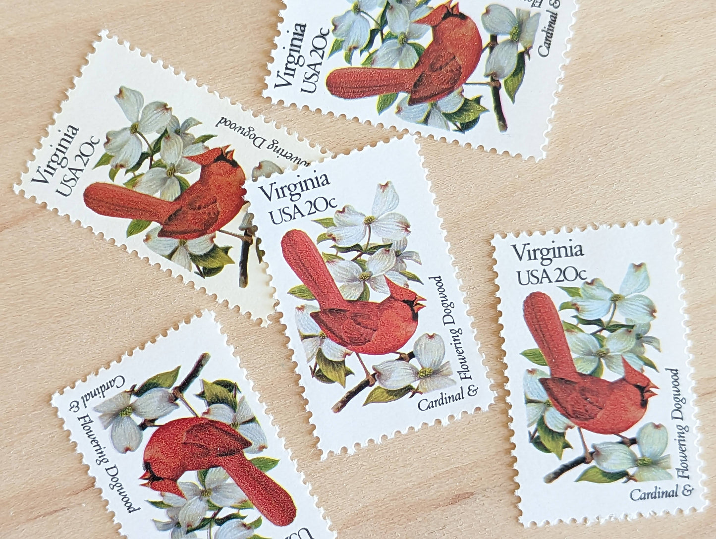 Virginia State Stamp, Set of 5, Vintage Unused USPS 20 Cent Postage Stamps, State Bird and Flower 1982, Gummed