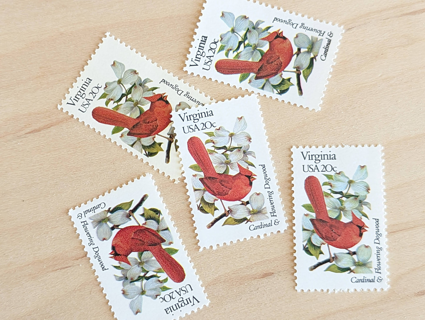 Virginia State Stamp, Set of 5, Vintage Unused USPS 20 Cent Postage Stamps, State Bird and Flower 1982, Gummed