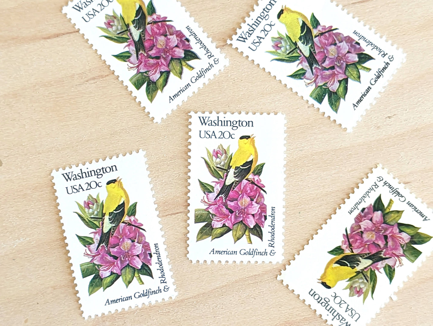 Washington State Stamp, Set of 5, Vintage Unused USPS 20 Cent Postage Stamps, State Bird and Flower 1982, Gummed