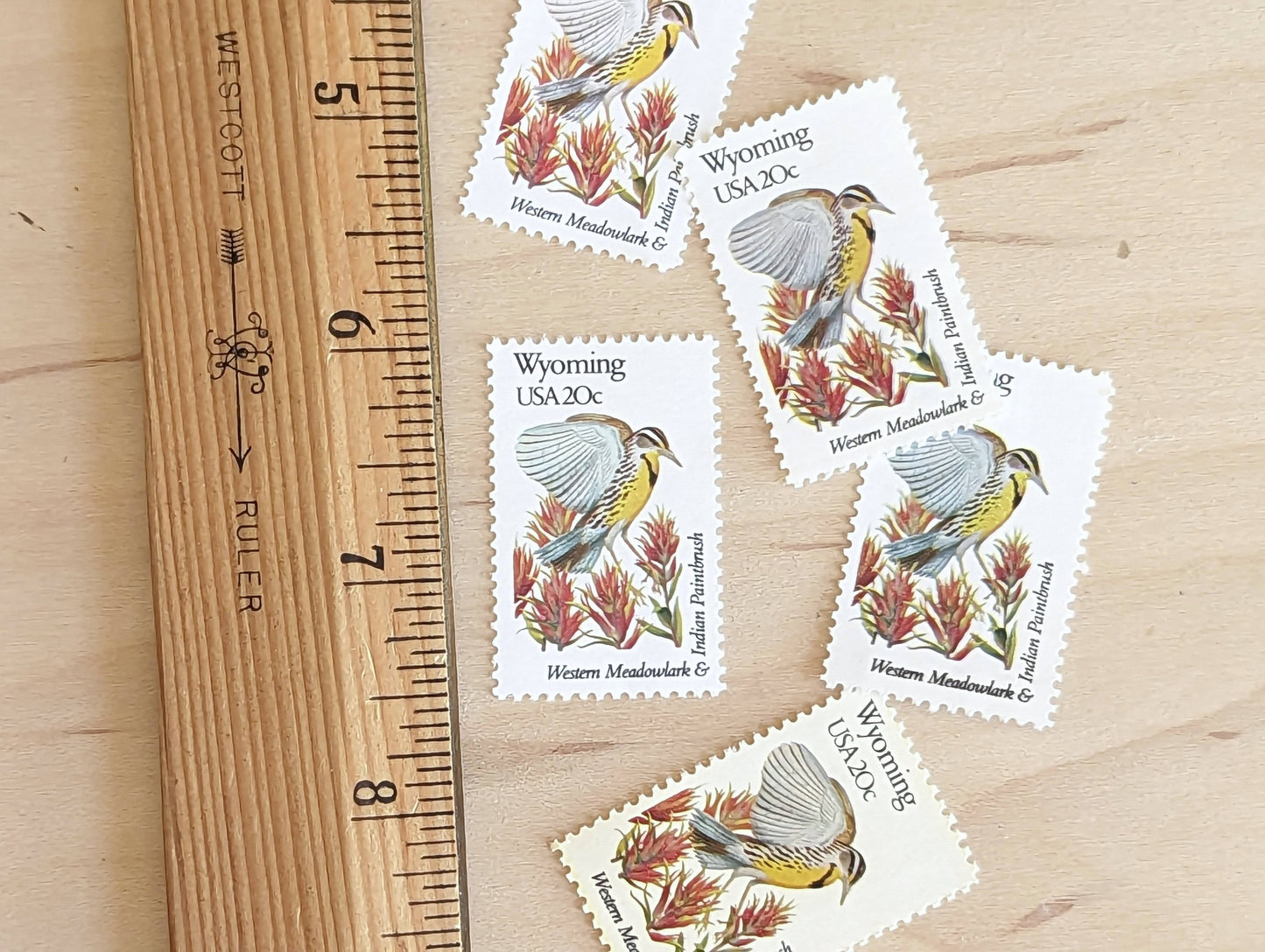 Wyoming State Stamp, Set of 5, Vintage Unused USPS 20 Cent Postage Stamps, State Bird and Flower 1982, Gummed