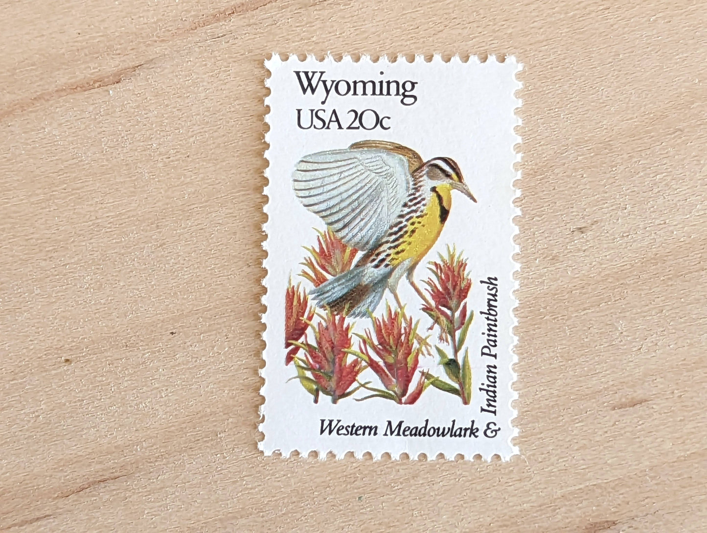 Wyoming State Stamp, Set of 5, Vintage Unused USPS 20 Cent Postage Stamps, State Bird and Flower 1982, Gummed