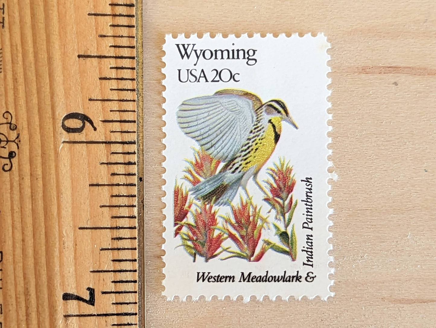 Wyoming State Stamp, Set of 5, Vintage Unused USPS 20 Cent Postage Stamps, State Bird and Flower 1982, Gummed
